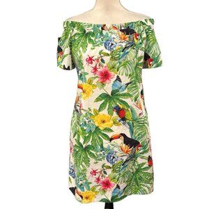 Soft Surroundings Mini Dress PS Off Shoulder Toucan Tropical Resort Vacation‎